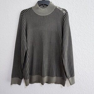 Calvin Klein Women's Houndstooth Mock Neck Sweater Green Black Buttons Sz L New